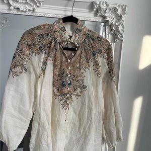 Zimmermann Cream and Blue Paisley Woman’s Linen Blouse in size 1